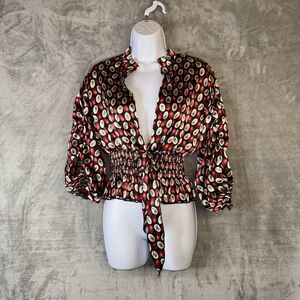 Wet Seal Retro Satin Blouse M Red Black Circle Print Smocked Waist Tie Top Y2K